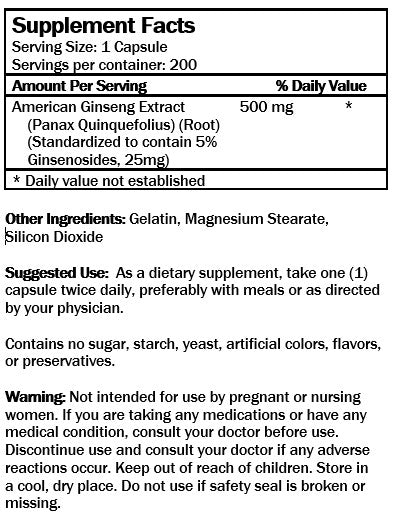 American Ginseng (200 Capsules/ 500mg)